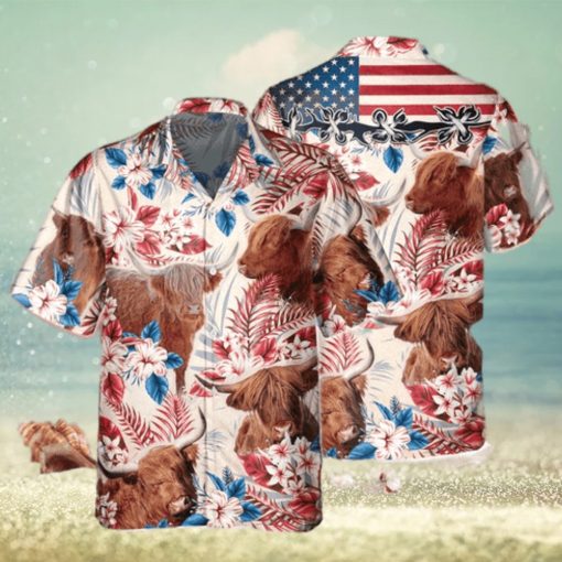 Highland Cow Cattle With American Flag Hawaiian Shirt