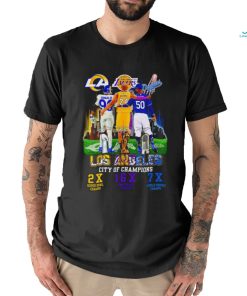 Los Angeles City of Champions Aaron Donald 2X Super Bowl Champs Kobe Bryant 16X NBA Finals Champs Mookie Betts 7X World Series Champs signature shirtư