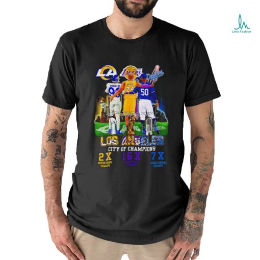 Los Angeles City of Champions Aaron Donald 2X Super Bowl Champs Kobe Bryant 16X NBA Finals Champs Mookie Betts 7X World Series Champs signature shirtư