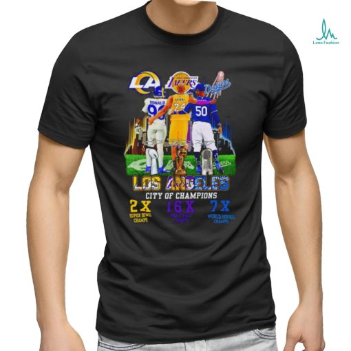 Los Angeles City of Champions Aaron Donald 2X Super Bowl Champs Kobe Bryant 16X NBA Finals Champs Mookie Betts 7X World Series Champs signature shirtư