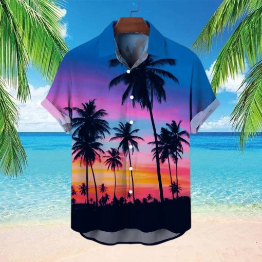 Men’s Casual Tropical Palms Print Short Sleeve Shirt Button Down Shirt