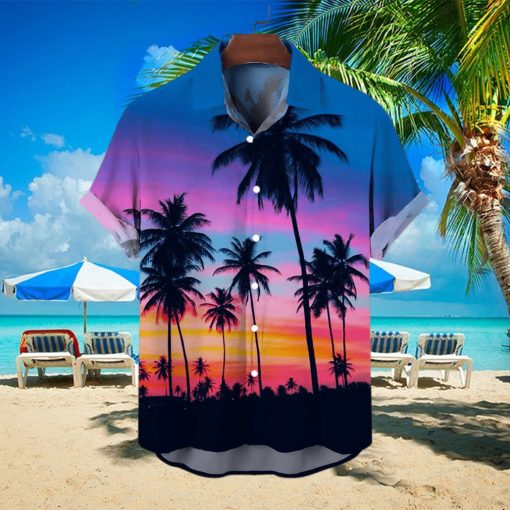 Men’s Casual Tropical Palms Print Short Sleeve Shirt Button Down Shirt