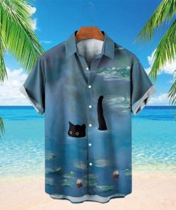 Men’s Hawaiian Shirt Garden Water Lily and Black Cat Print Short Sleeve T Shirt