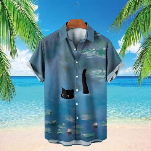 Men’s Hawaiian Shirt Garden Water Lily and Black Cat Print Short Sleeve T Shirt