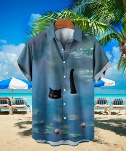 Men’s Hawaiian Shirt Garden Water Lily and Black Cat Print Short Sleeve T Shirt