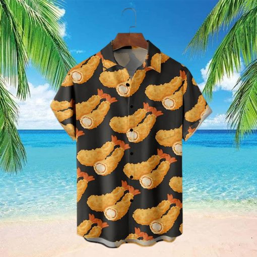 Men’s Hawaiian Shirts Japanese Tempura Shrimp Chest Pocket Short Sleeve Casual Shirt