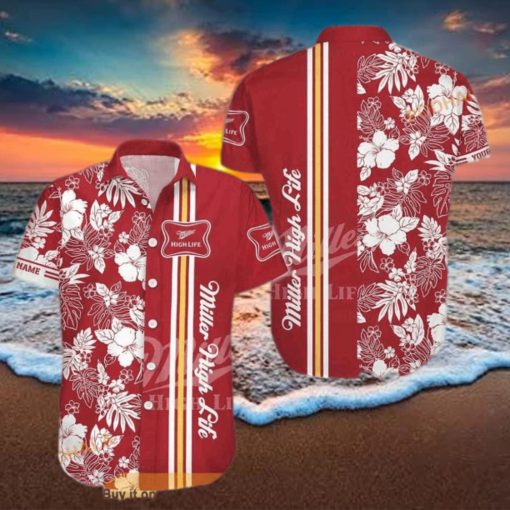 Miller High Life Funny Hawaiian Shirt  White Flowers Stripes Gift For Beach Lovers