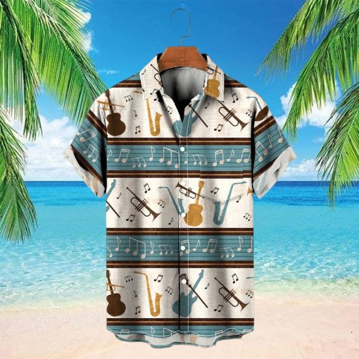 Music Rhythm Prints Repeating Stripes Pocket Hawaiian Shirt Oversized Vacation Shirt