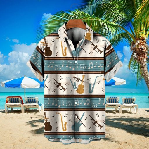 Music Rhythm Prints Repeating Stripes Pocket Hawaiian Shirt Oversized Vacation Shirt