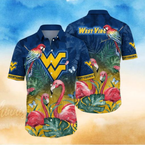 NCAA West Virginia Mountaineers WVU Hawaiian Shirt Pink Flamingo And Palm Leaves