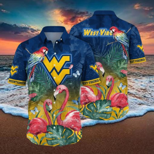 NCAA West Virginia Mountaineers WVU Hawaiian Shirt Pink Flamingo And Palm Leaves