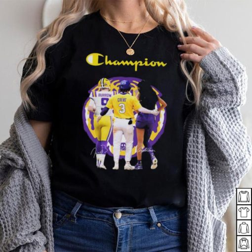 Official Champions Joe Burrow Dylan Crews and Angel Reese LSU Tigers signatures shirt