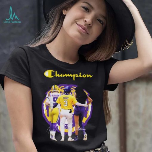 Official Champions Joe Burrow Dylan Crews and Angel Reese LSU Tigers signatures shirt