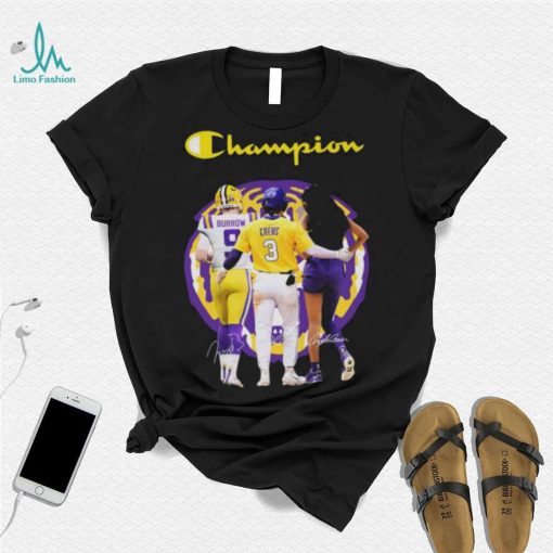 Official Champions Joe Burrow Dylan Crews and Angel Reese LSU Tigers signatures shirt