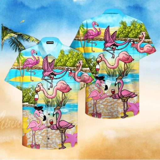 Pink Flamingo Drink Wine Party Hawaiian Shirt