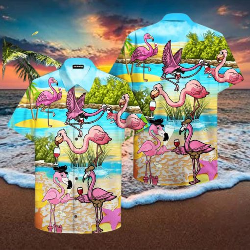 Pink Flamingo Drink Wine Party Hawaiian Shirt