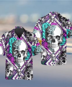 Purple And Teal Aztec Rose Skull Hawaiian Shirt