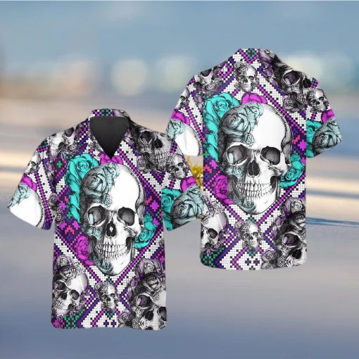 Purple And Teal Aztec Rose Skull Hawaiian Shirt