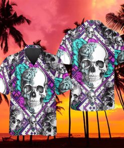 Purple And Teal Aztec Rose Skull Hawaiian Shirt