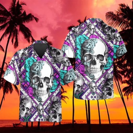 Purple And Teal Aztec Rose Skull Hawaiian Shirt