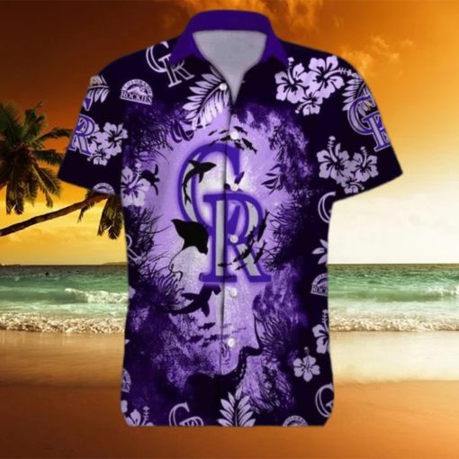 Purple Ocean MLB Colorado Rockies Funny Hawaiian Shirt Hammerhead Sharks And Flowers