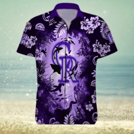 Purple Ocean MLB Colorado Rockies Funny Hawaiian Shirt Hammerhead Sharks And Flowers