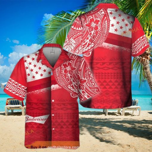 Red Aloha Budweiser Beer Funny Hawaiian Shirt Polynesian Pattern