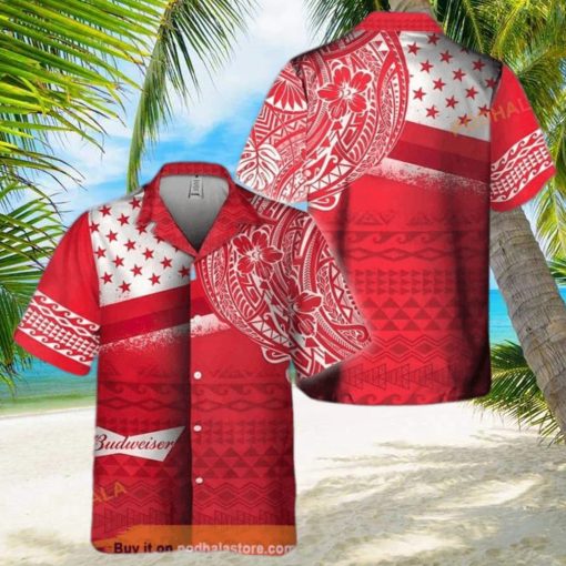 Red Aloha Budweiser Beer Funny Hawaiian Shirt Polynesian Pattern