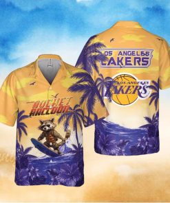 Rocket Raccoon And Los Angeles Lakers Hawaiian Shirt Gift For NBA Fans