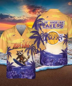 Rocket Raccoon And Los Angeles Lakers Hawaiian Shirt Gift For NBA Fans