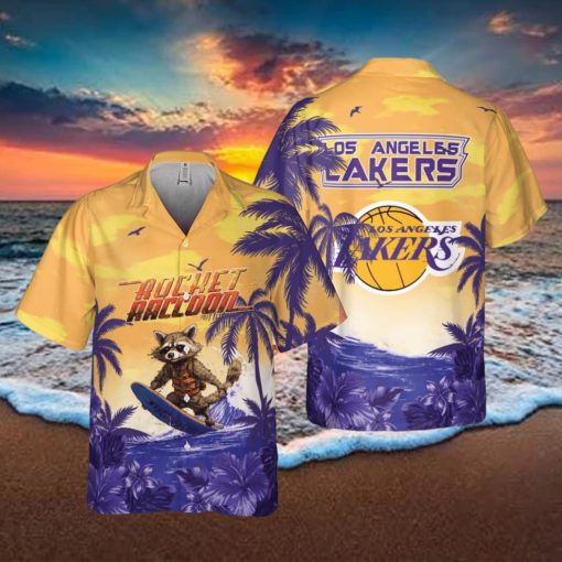 Rocket Raccoon And Los Angeles Lakers Hawaiian Shirt Gift For NBA Fans