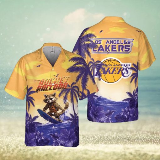 Rocket Raccoon And Los Angeles Lakers Hawaiian Shirt Gift For NBA Fans