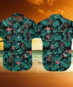 Summer Aloha Dachshund Funny Hawaiian Shirt Palm Leaves Pattern On Dark Theme