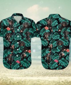 Summer Aloha Dachshund Funny Hawaiian Shirt Palm Leaves Pattern On Dark Theme