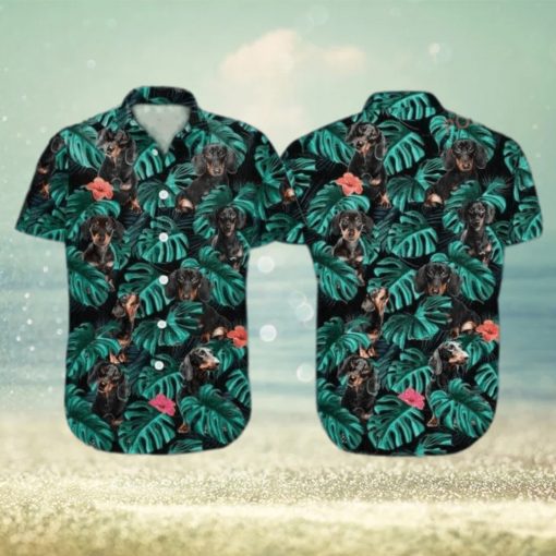 Summer Aloha Dachshund Funny Hawaiian Shirt Palm Leaves Pattern On Dark Theme