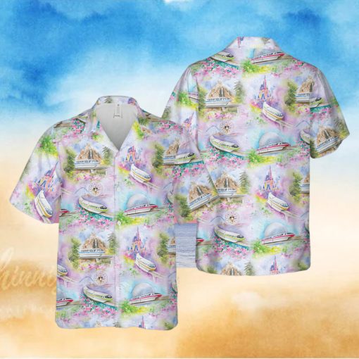 Watercolor Disney Monorail   Disney Parks Inspired Men s Button Down Short Sleeved hawaiian Shirt