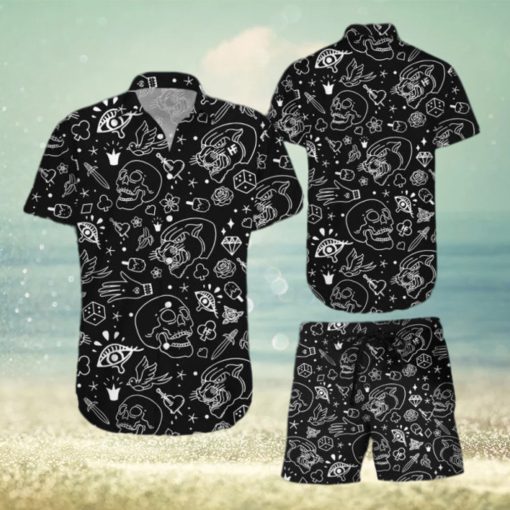 American Traditional Flash Tattoo Skull Hawaiian Shirt And Shorts