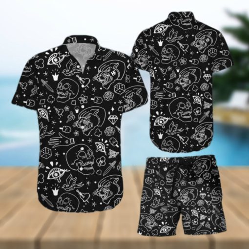 American Traditional Flash Tattoo Skull Hawaiian Shirt And Shorts