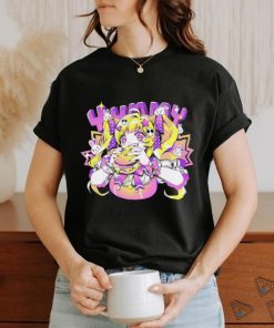 Anime girl eating a big juicy hamburger Yummy cartoon shirt