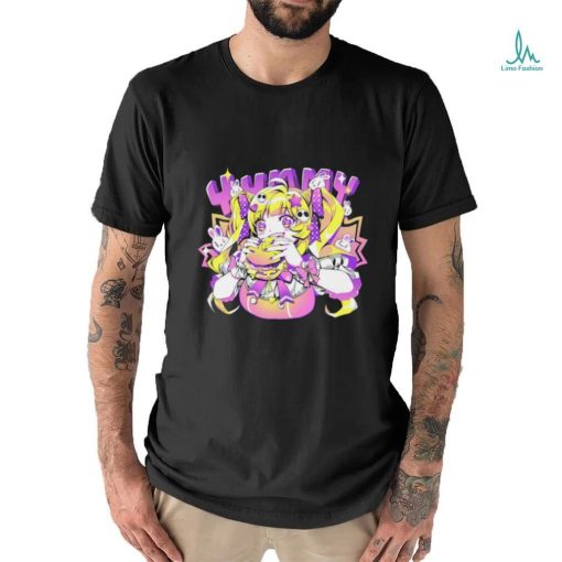 Anime girl eating a big juicy hamburger Yummy cartoon shirt