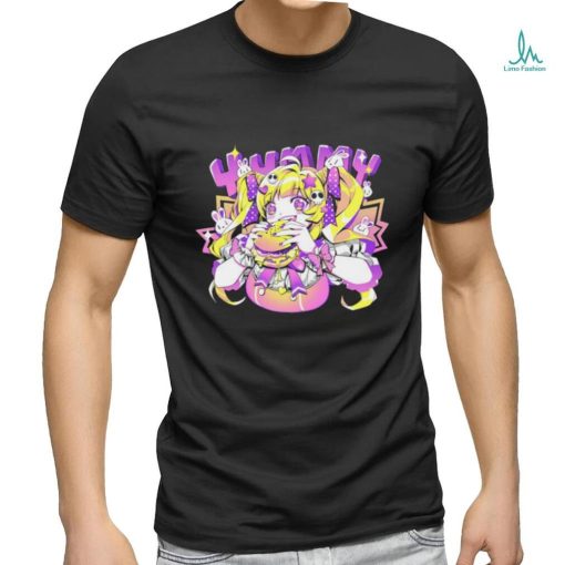 Anime girl eating a big juicy hamburger Yummy cartoon shirt