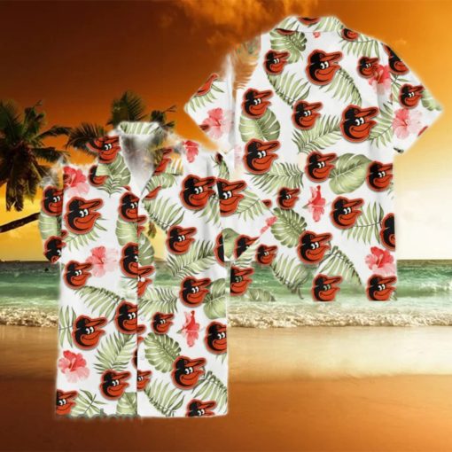 Baltimore Orioles Light Salmon Hibiscus Green Leaf White Background 3D Hawaiian Shirt