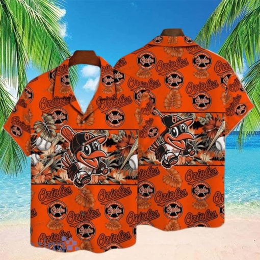 Baltimore Orioles Mascot And Leaves Tropical Pattern Hawaiian Shirt