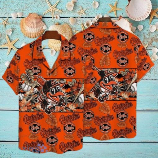 Baltimore Orioles Mascot And Leaves Tropical Pattern Hawaiian Shirt