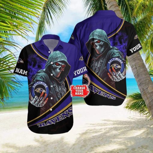 Baltimore Ravens NFL Halloween Skull Tropical Team Spirit Hawaiian Shirt Custom Name