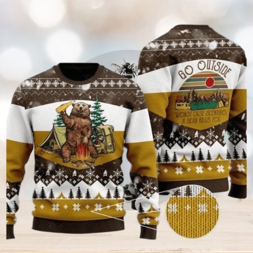 Bear Beer Ugly Christmas Sweater Campfire Yellow Wool Xmas