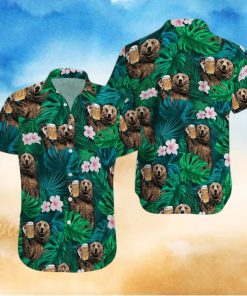 Bear Drinking Beer Green Tropical Unisex Hawaiian Shirts