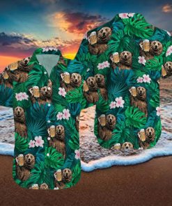 Bear Drinking Beer Green Tropical Unisex Hawaiian Shirts