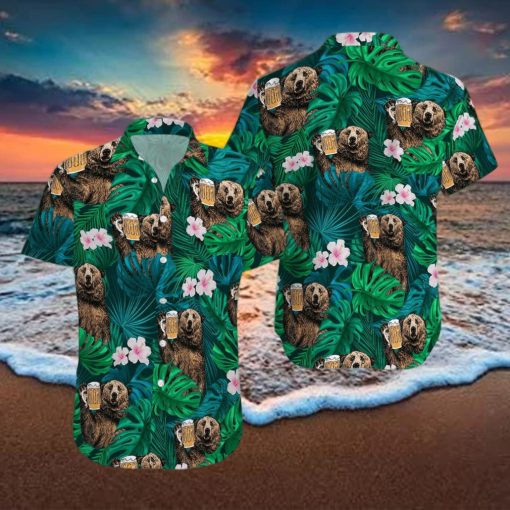 Bear Drinking Beer Green Tropical Unisex Hawaiian Shirts