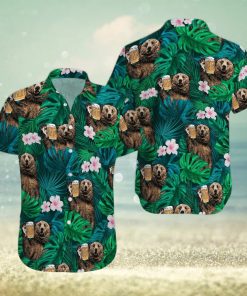 Bear Drinking Beer Green Tropical Unisex Hawaiian Shirts